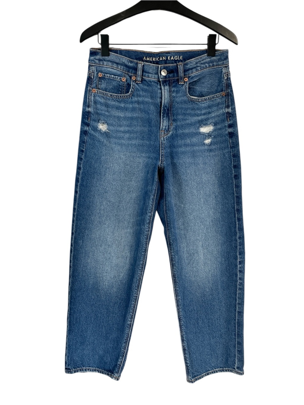 American Eagle Super High Rise Baggy Straight Jeans Distressed Size 4 Short